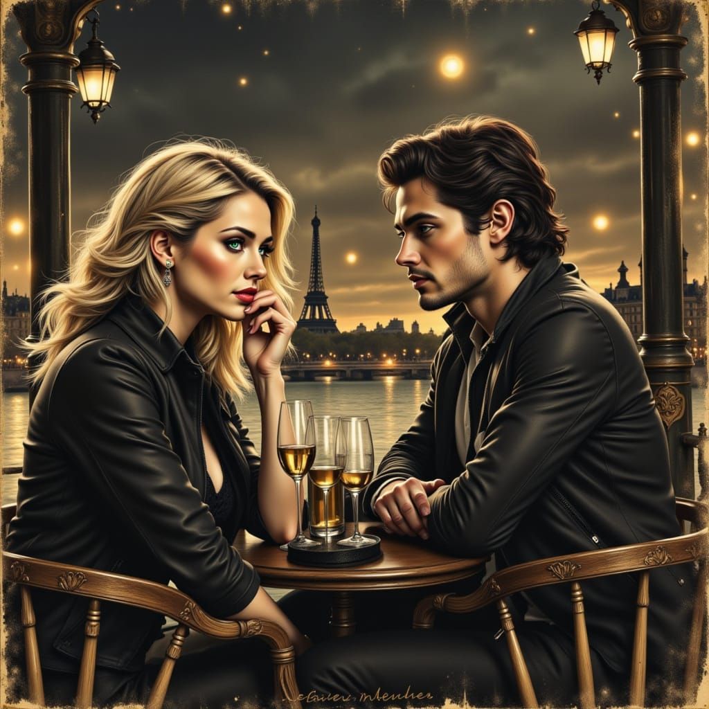 Couple's Twilight Cruise on Seine, Charcoal Sketch Style