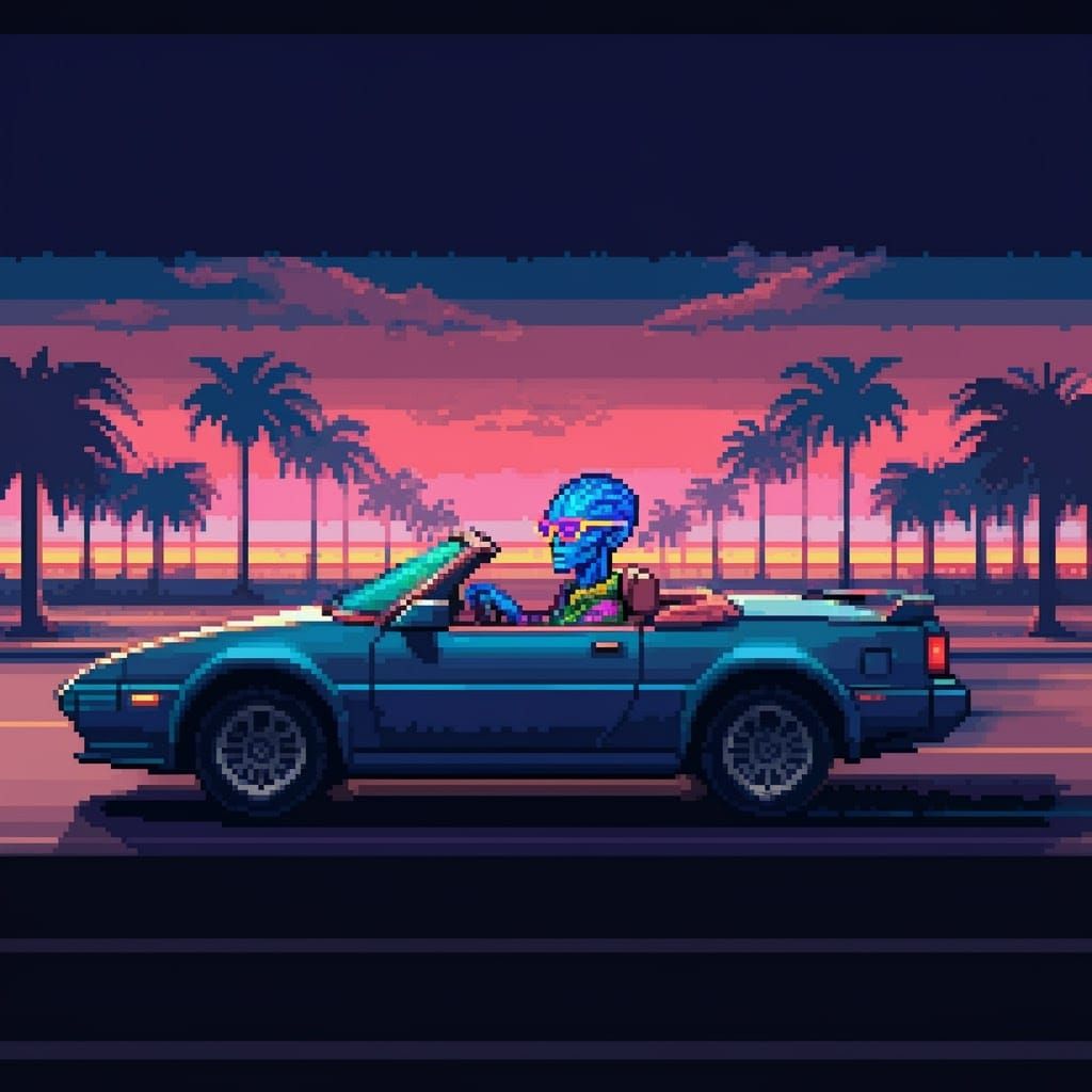 Retro Alien Rides Down Sunset Boulevard in Pixel Art
