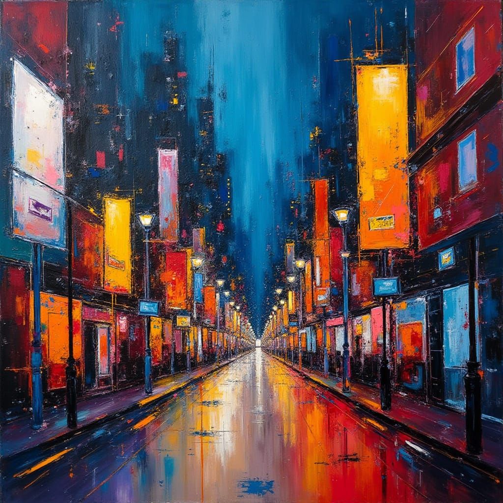 Vibrant Abstract Expressionist Cityscape at Night