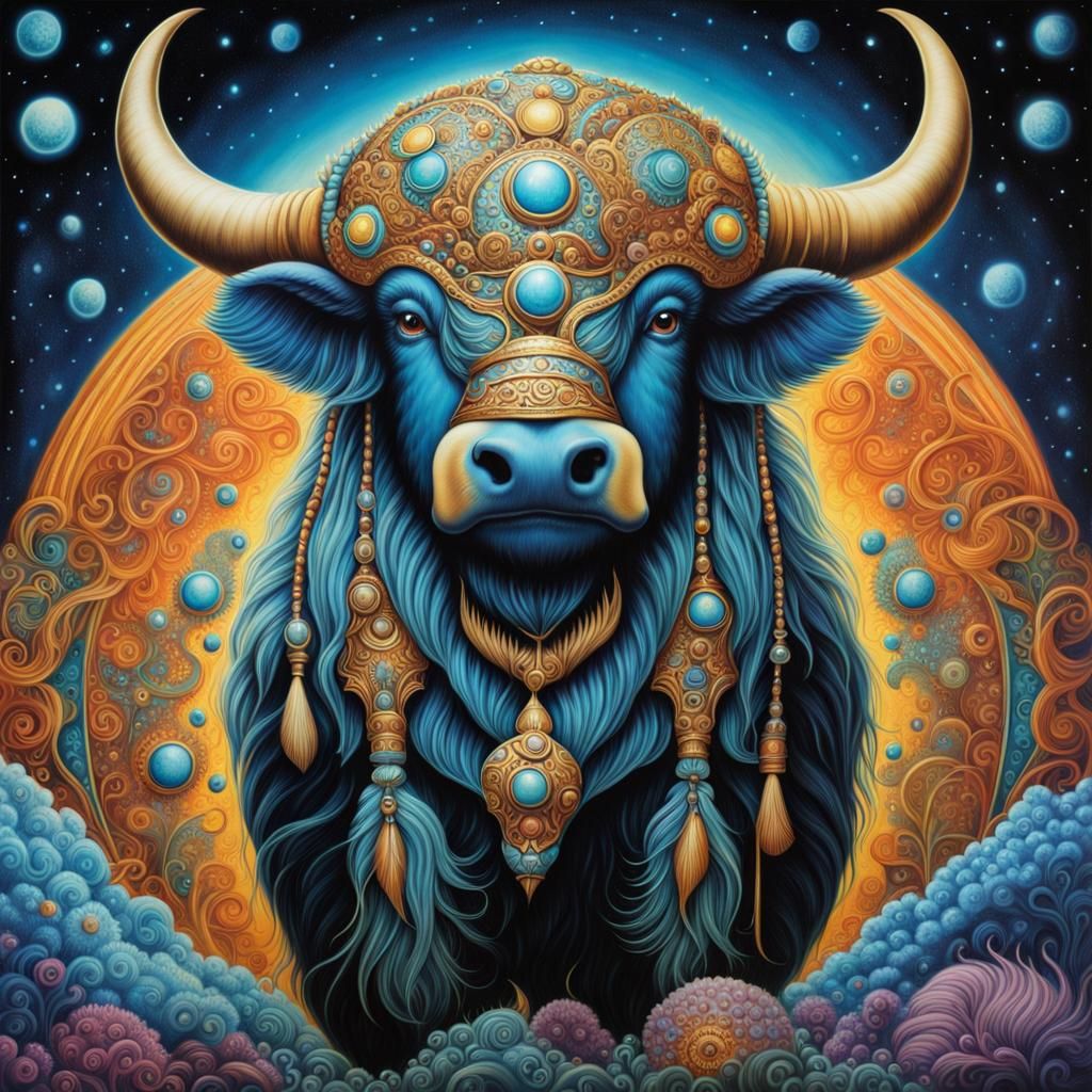 Cosmic Yak Airbrush Painting in Haeckel Soto Bauer Style