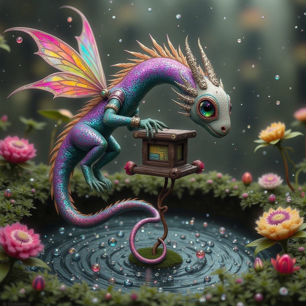 Iridescent Dragon Discovers Whimsical Bookshelf Amidst Dream...