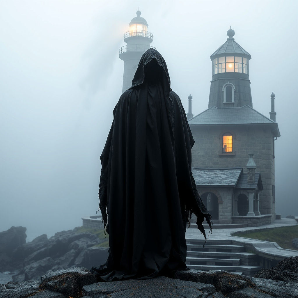 Grim Reaper Behind Lighthouse in Coastal Gothic Style