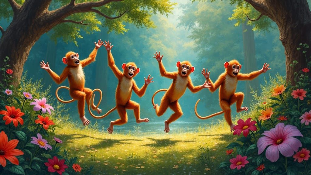 Monkeys' Joyful Dance in Lush Jungle Clearing