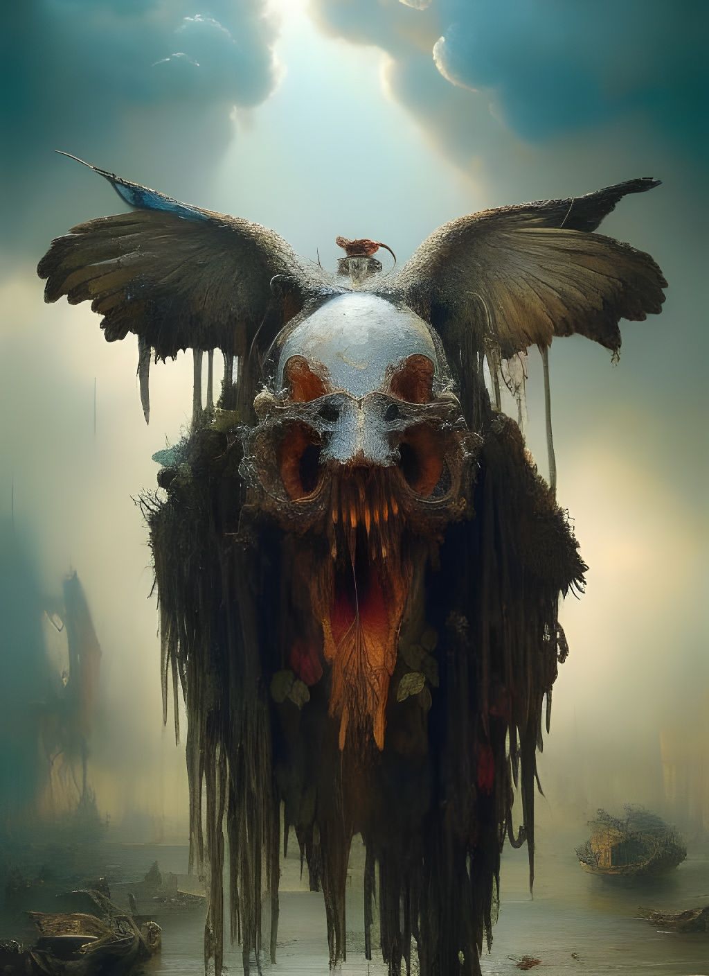 Surreal Winged Creature in Mixed Media Art Style