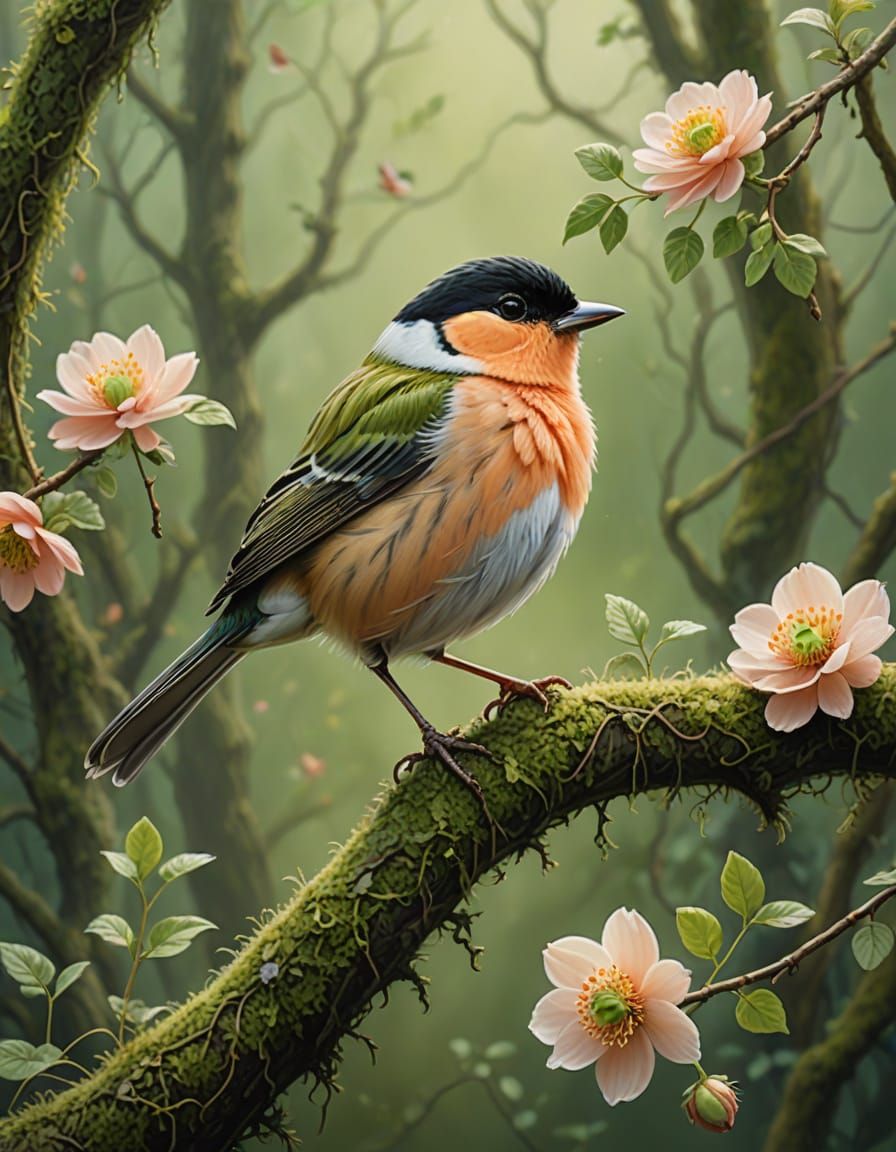 Botanical Bird Portrait in Pastel Colors
