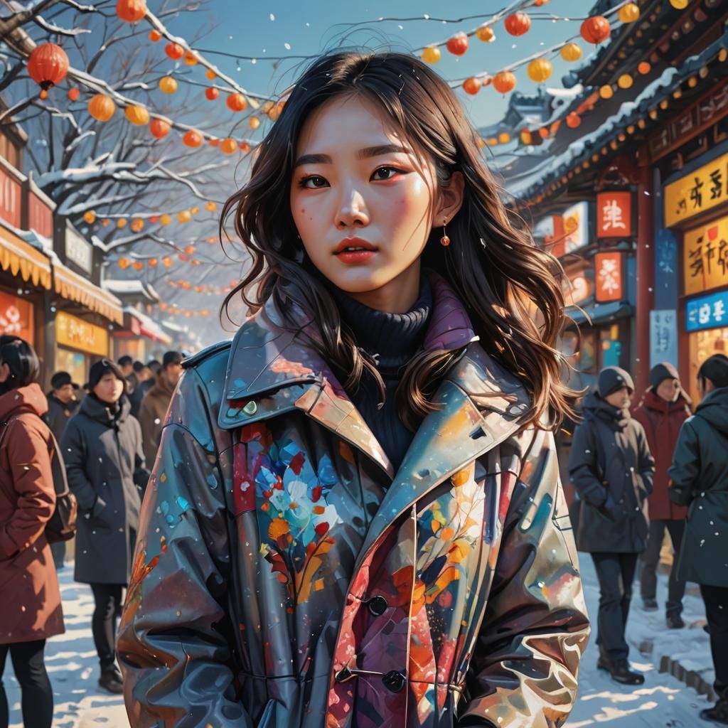 Korean Girl at Winter Festival in Hyperrealistic Style