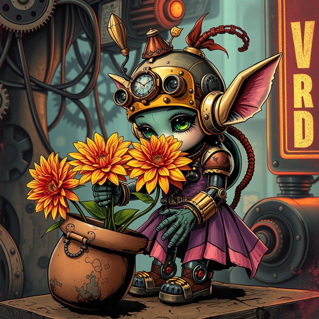 Steampunk Robot Girl Watering Flower in Comic Collage