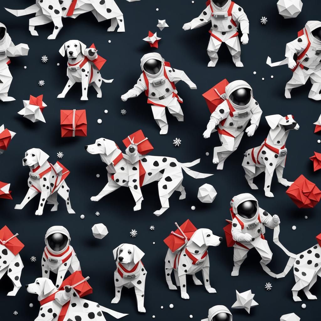 Astronaut Santa with Dalmatians in Origami Style