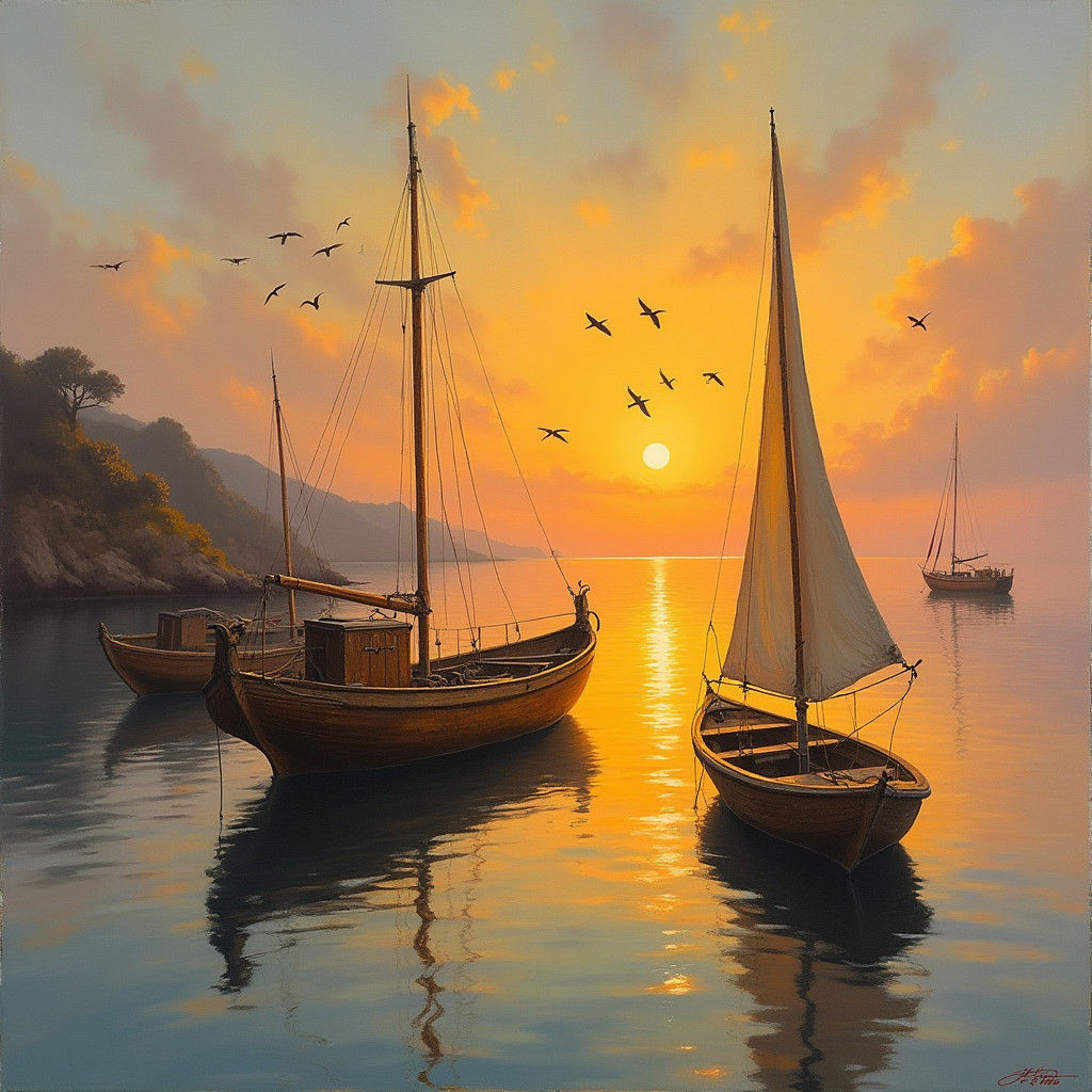 Sunset Coastal Scene with Boats in Impressionistic Style