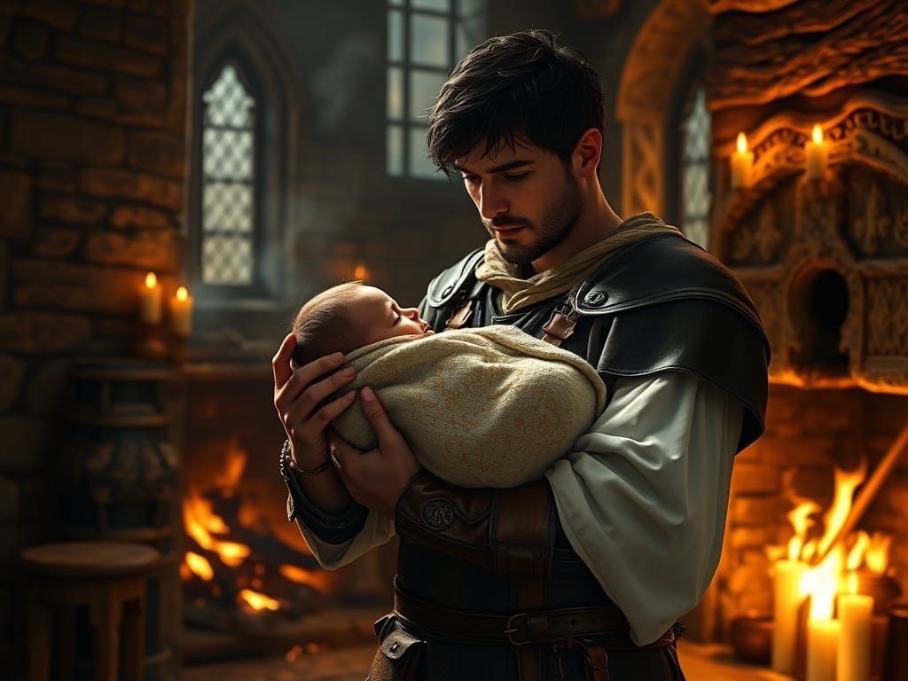 Medieval Knight Tenderly Holds Newborn Baby Girl in Cozy Cas...