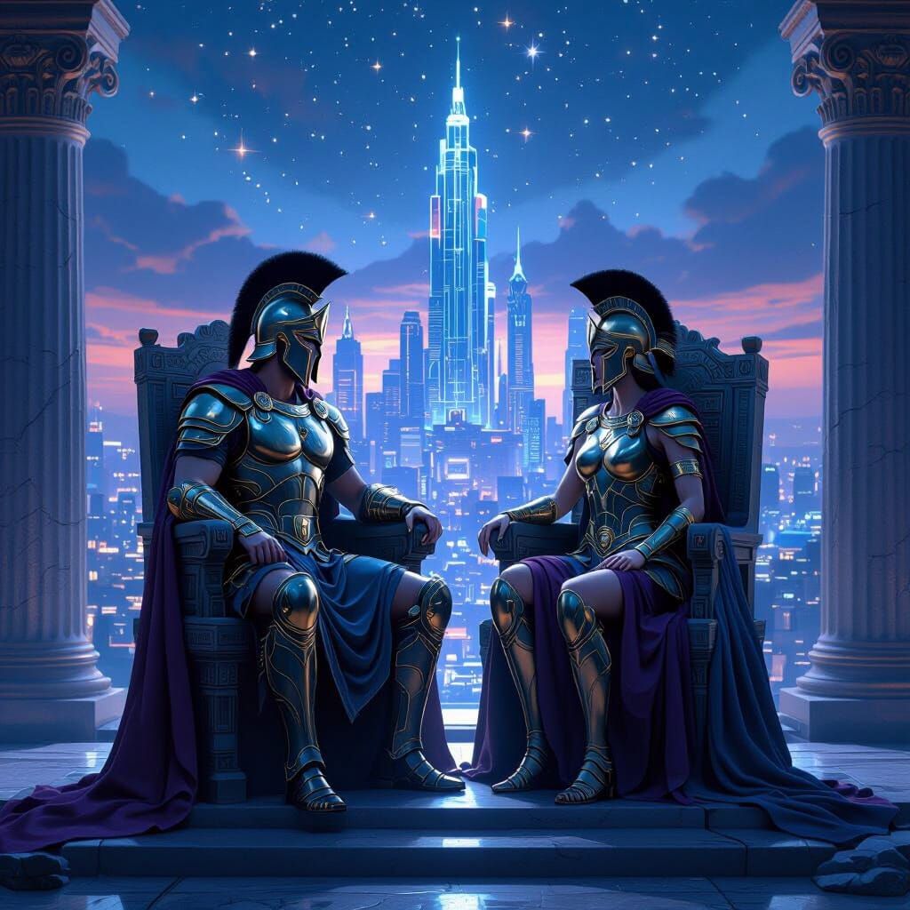 Ares and Athena Overlook Futuristic Cityscape
