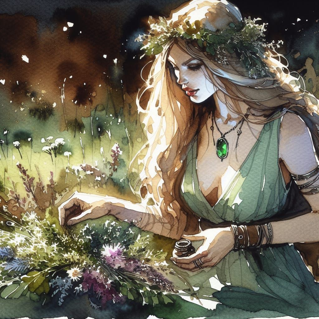 Simplistic Watercolor Goddess of Healing Herbs in a Dark Mea...