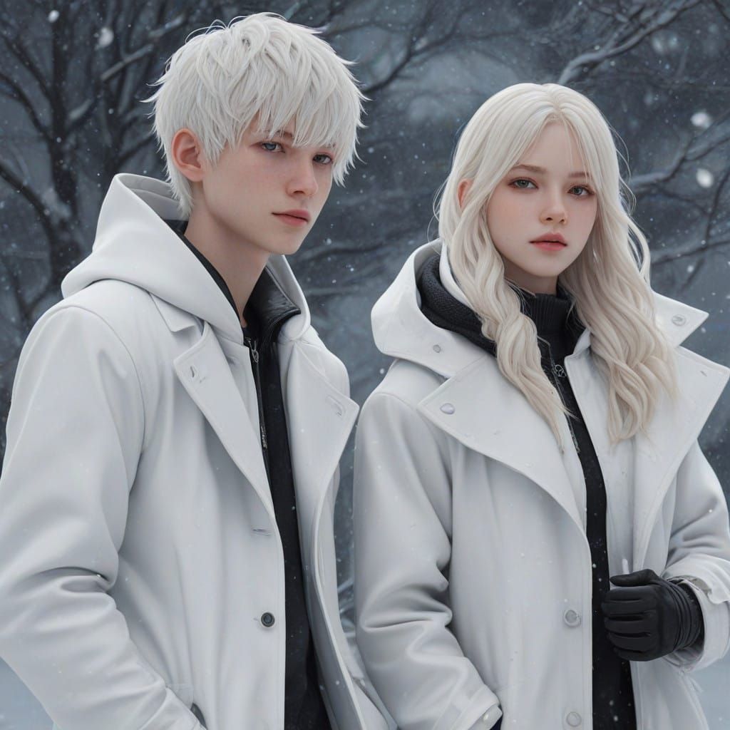 Serene Albino Children Under Blizzard in 3D Anime Style