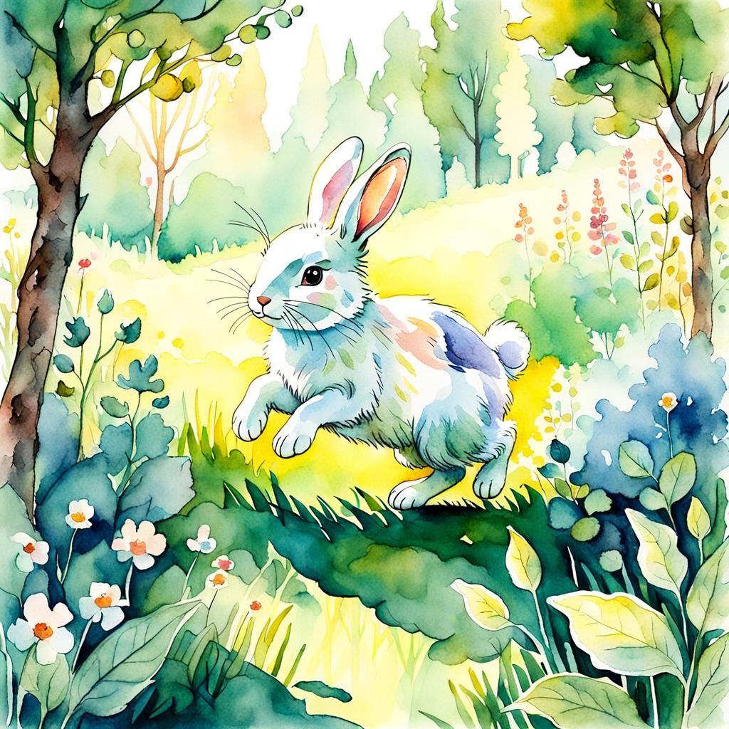 Watercolor Bunny Hopping in a Sunny Garden