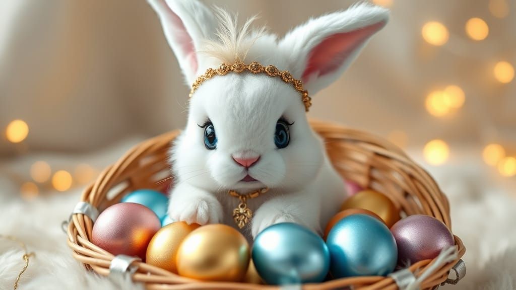 Plush White Bunny with Easter Eggs in Fairy-tale Style