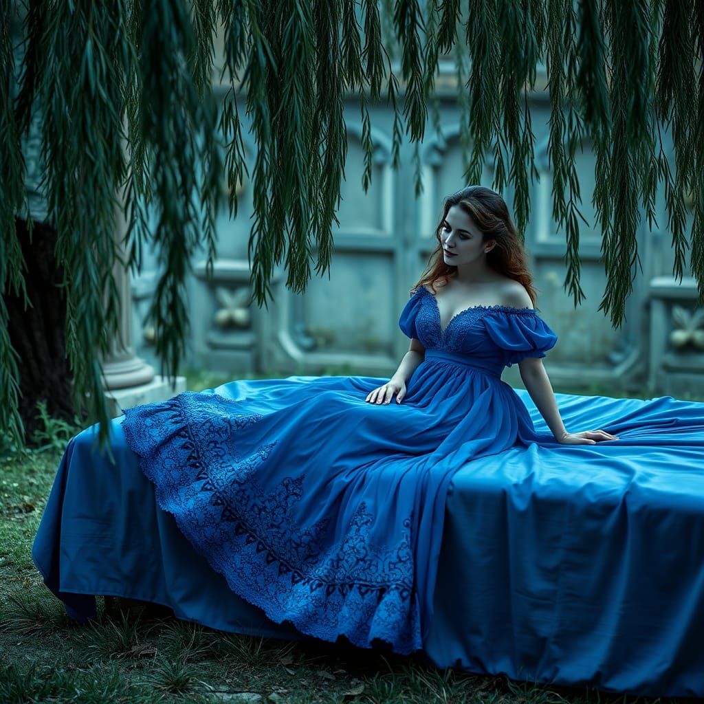 Ethereal Blue Willow Scene in Hyperrealistic Style