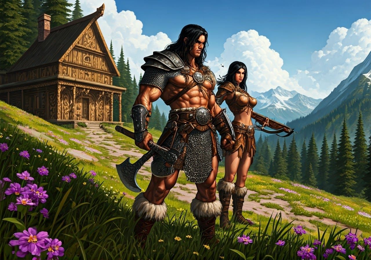 Barbarian Warriors in Mountain Clearing, Hyperrealistic Styl...