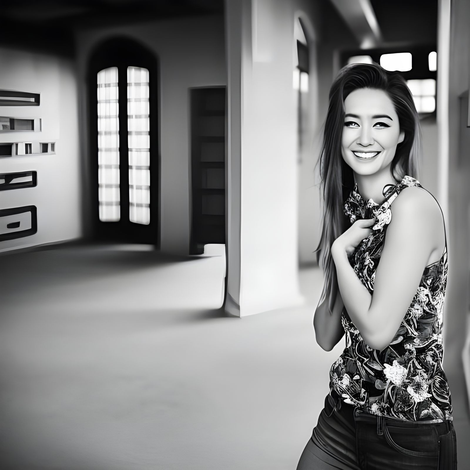 Radiant Woman's Joyful Laughter in a Sunlit Home