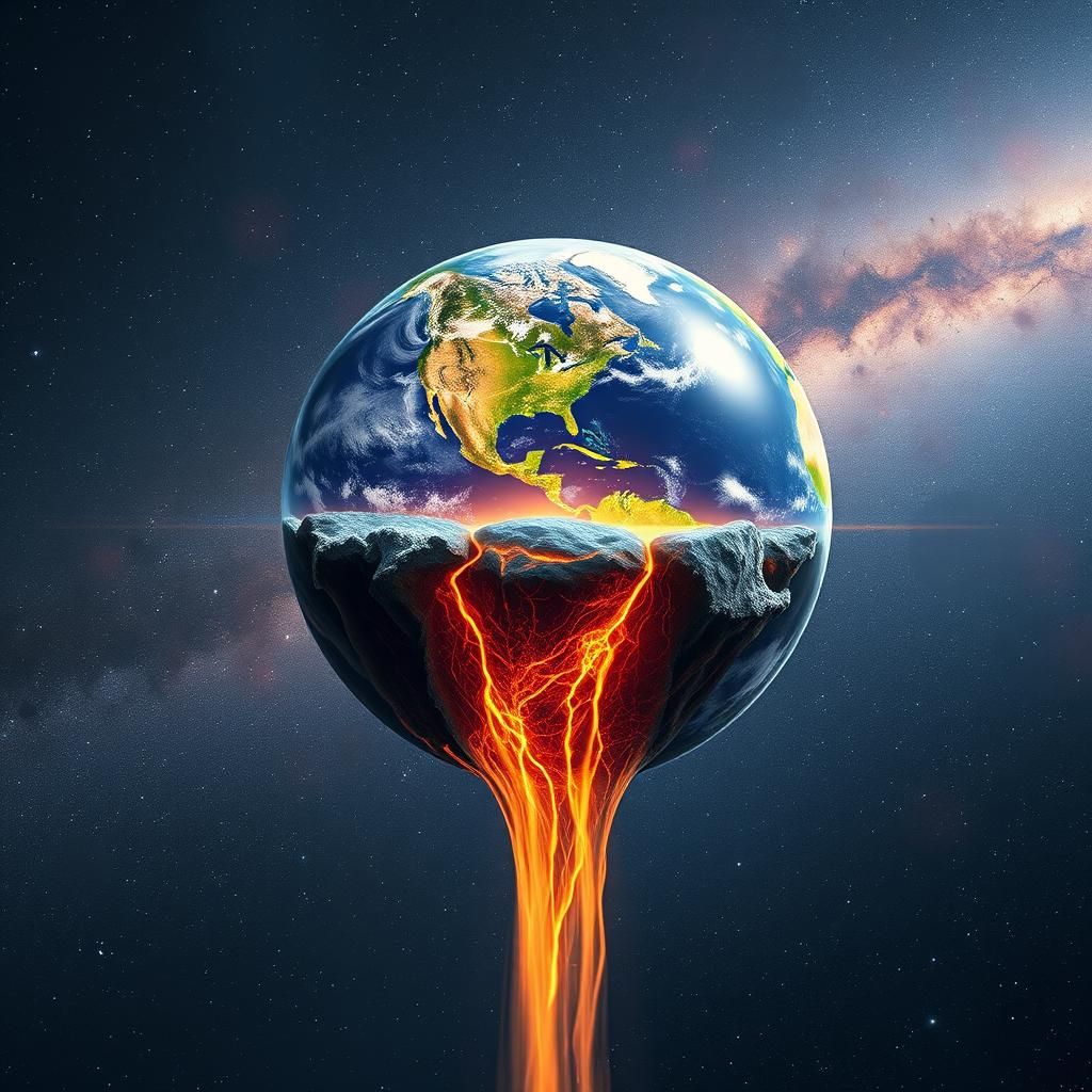 Glass Earth with Fiery Waterfall in Universe