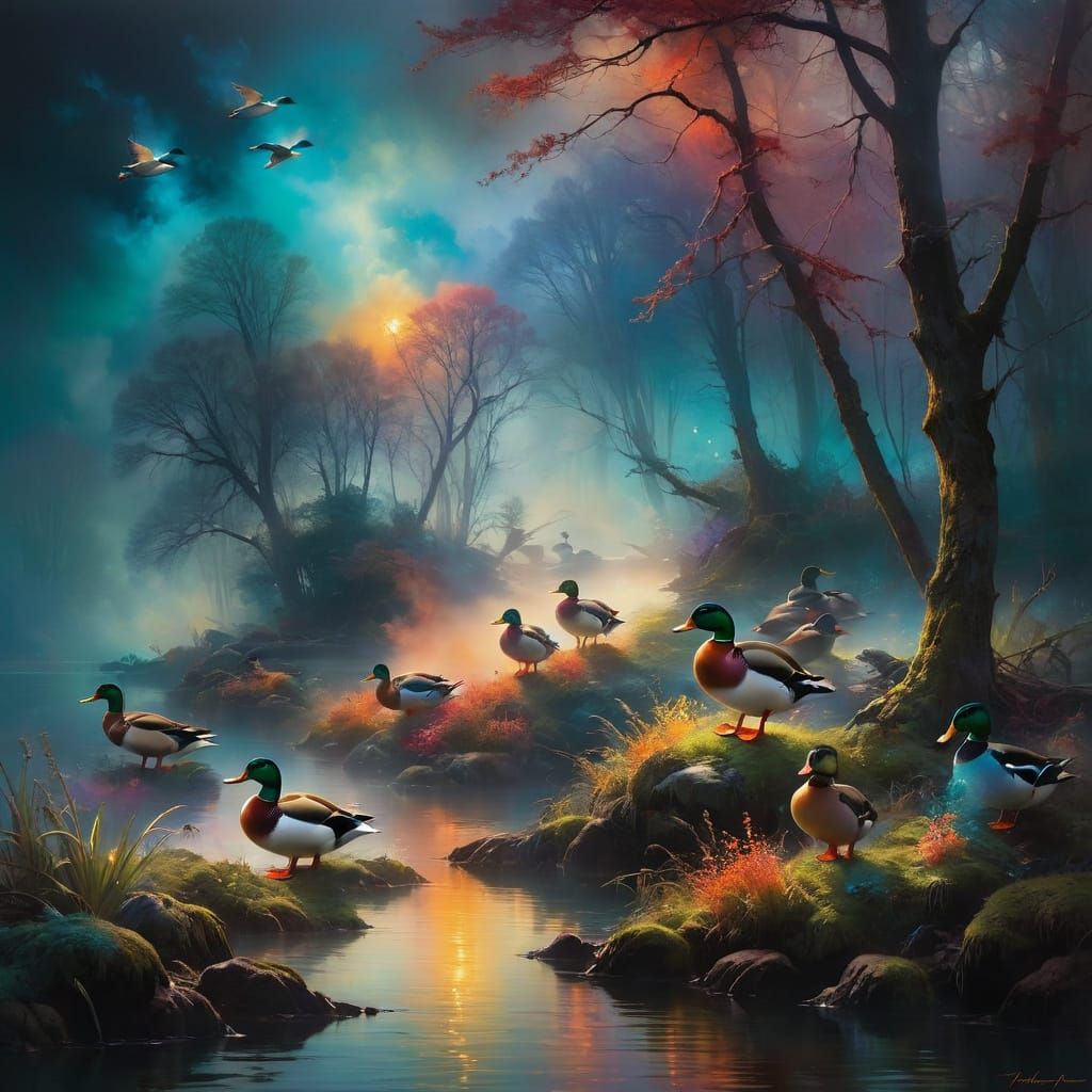 Vibrant Mallard Ducks Swimming in a Kaleidoscope of Color