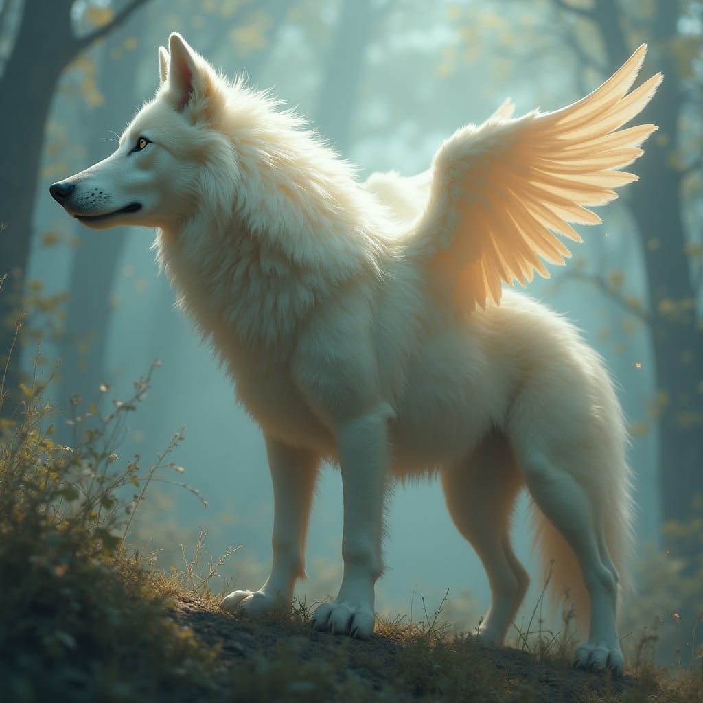 Majestic Angel Winged Wolf in Hyperreal Detail