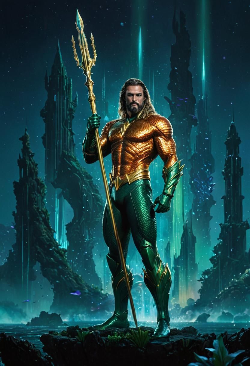 Aquaman in Regal Splendor, Atlantis Background, in a Futuris...