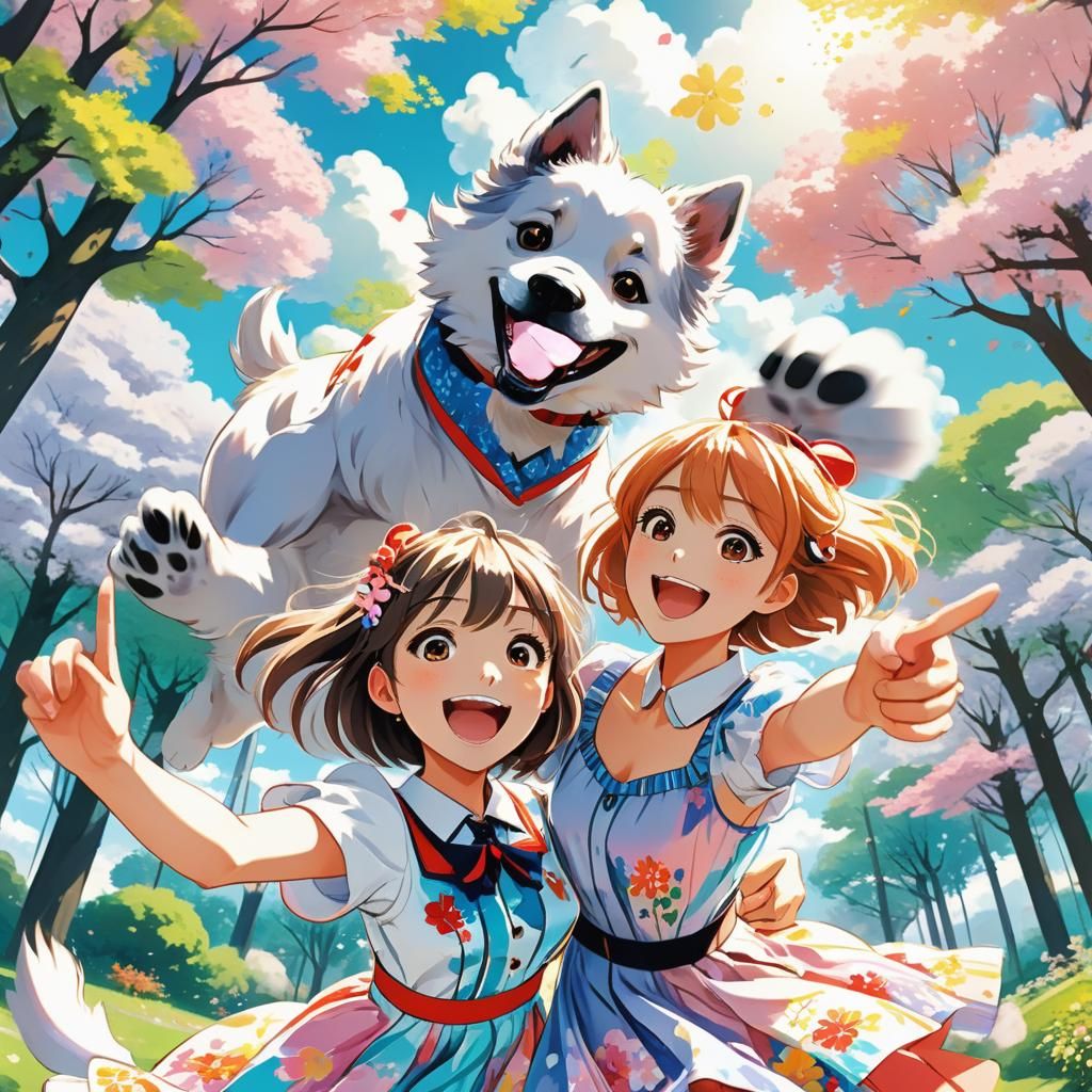 Playful Dog Photobomb in Vibrant Anime Style