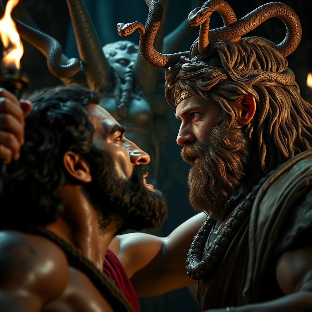 Perseus Confronts Medusa in Lair