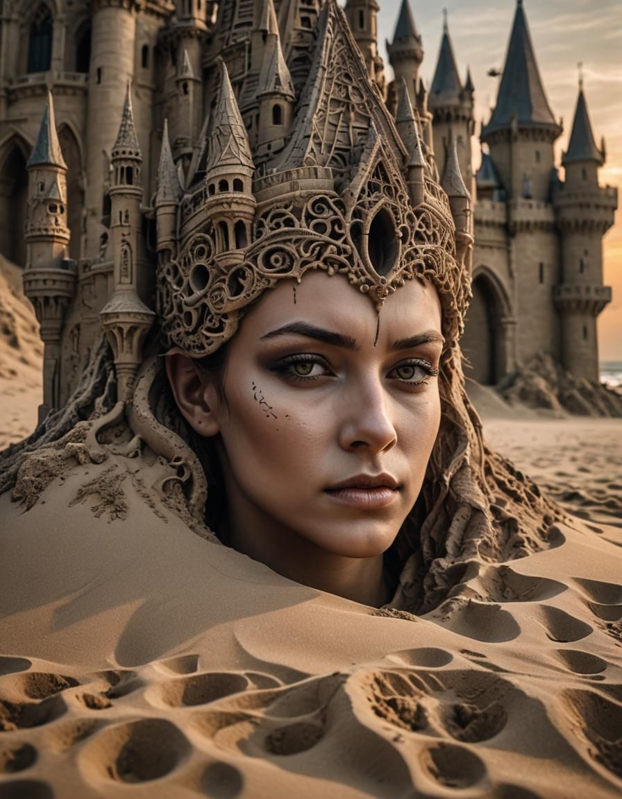 Gothic Sandcastle Sunset: Hyperrealistic Macro Photograph