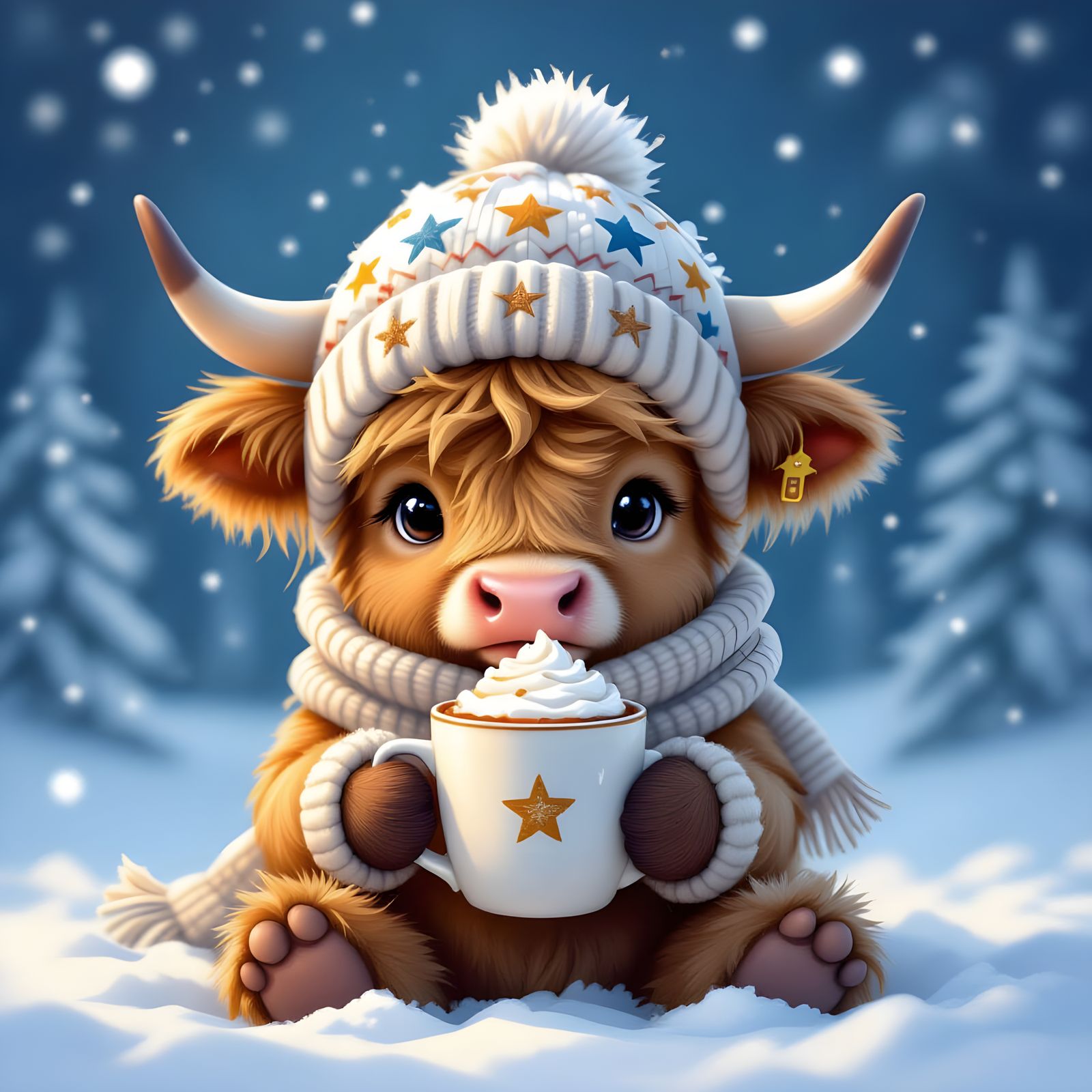 Cute Baby Highland Cow Enjoys Hot Cocoa in Winter Scene