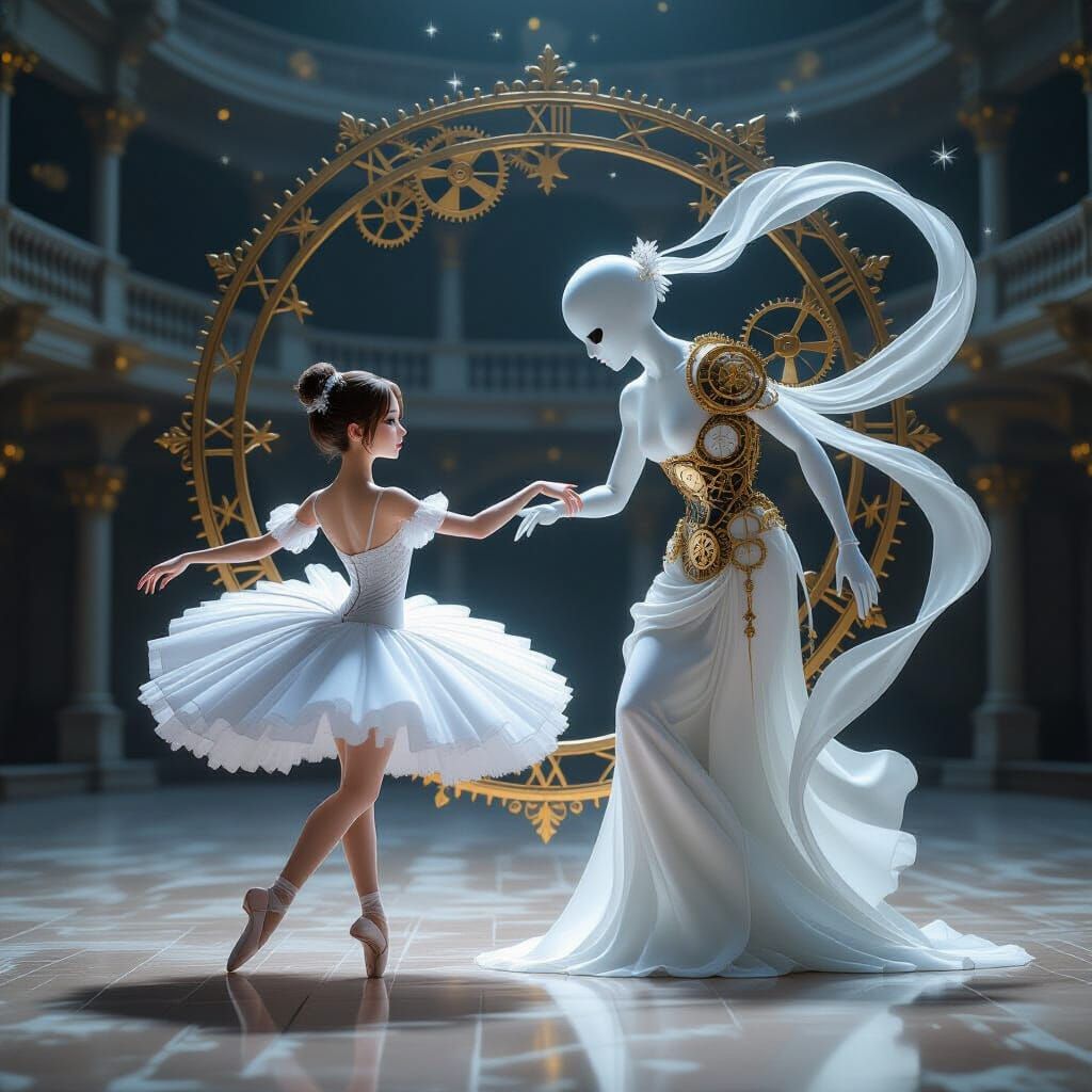 Ballerina Dances with Ghost of Time in Decaying Ballroom