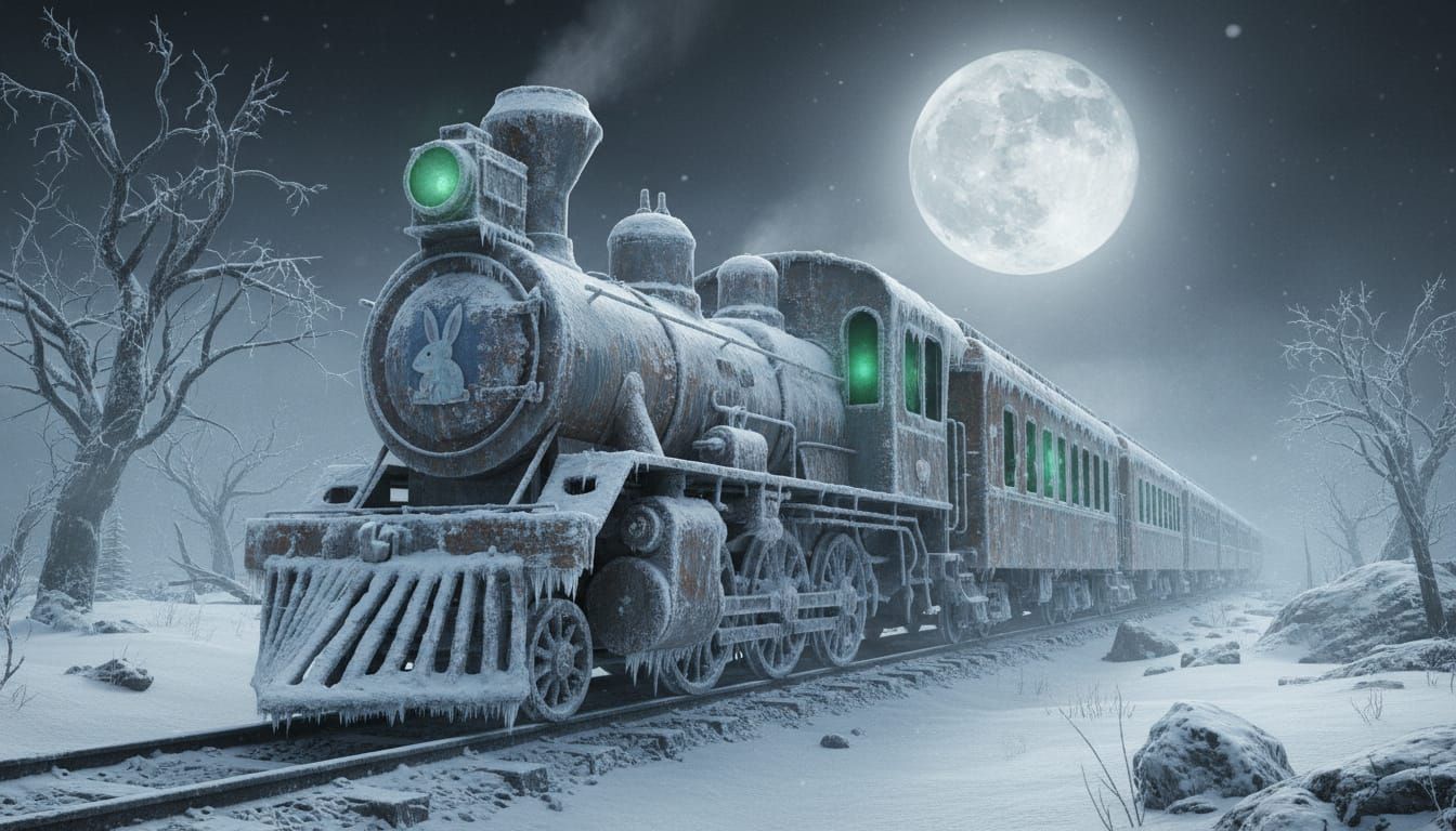 Ghost Train in Frozen Wasteland Under Full Moon