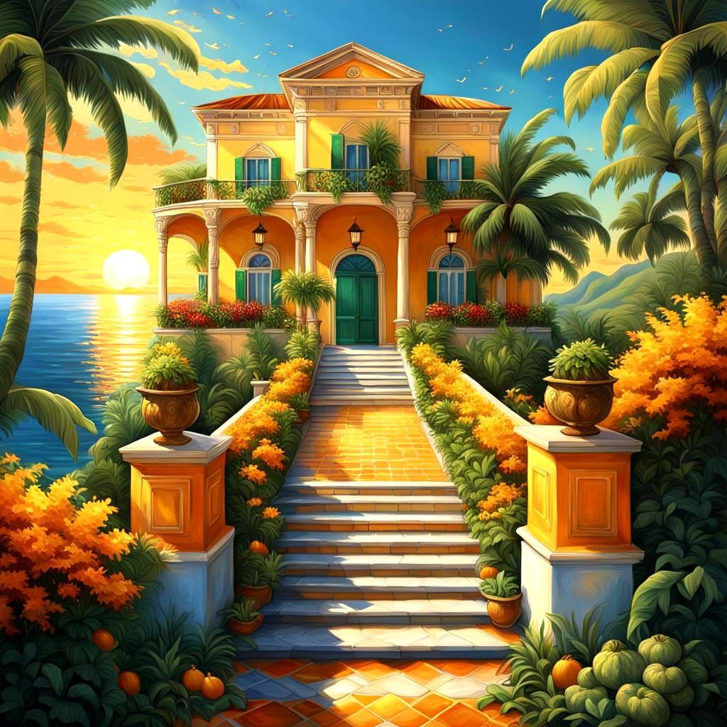 Seaside Mansion with Tropical Foliage in Hyper-Realism