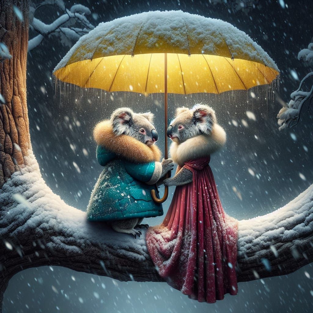 Snowy Night Koalas Under Umbrella in Hyperrealism