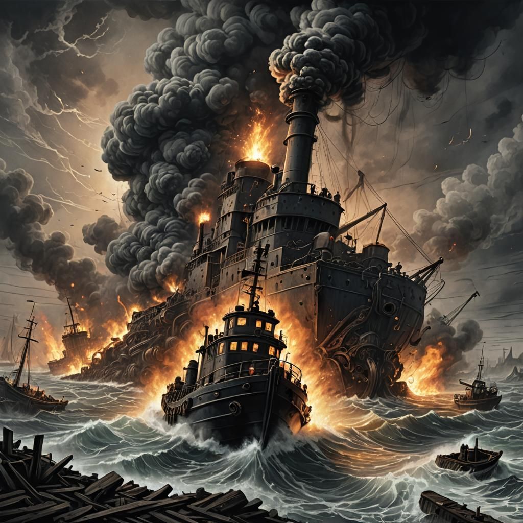 Steampunk Tugboat Explosion on Desolate Shore