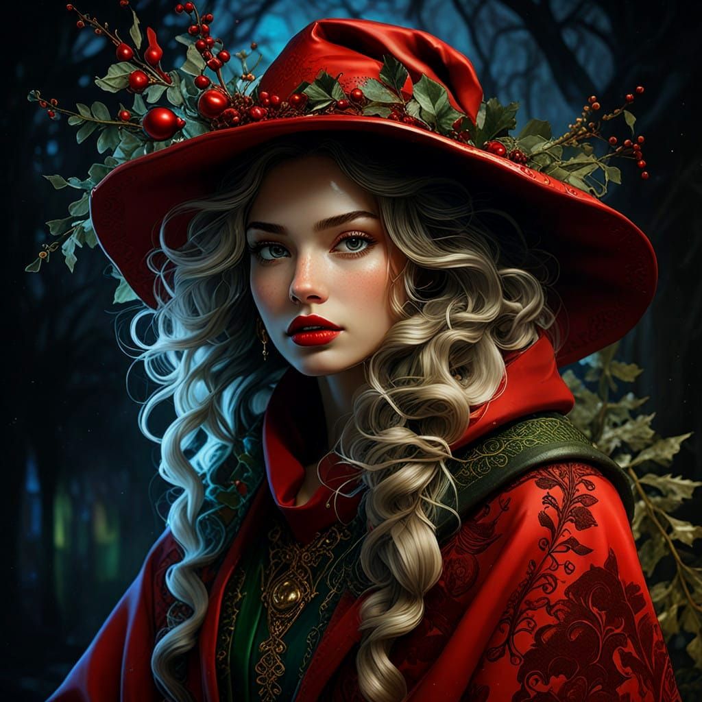 Enchanting Christmas Witch in Deep Red and Green