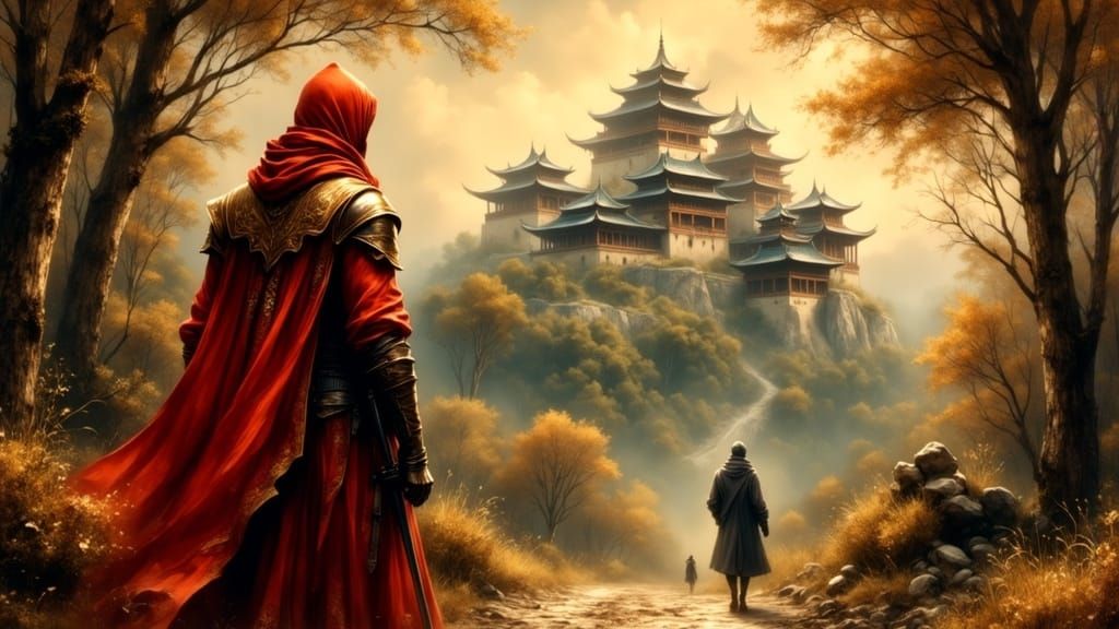 Faceless Knight Approaches Chinese Castle in Golden Hour