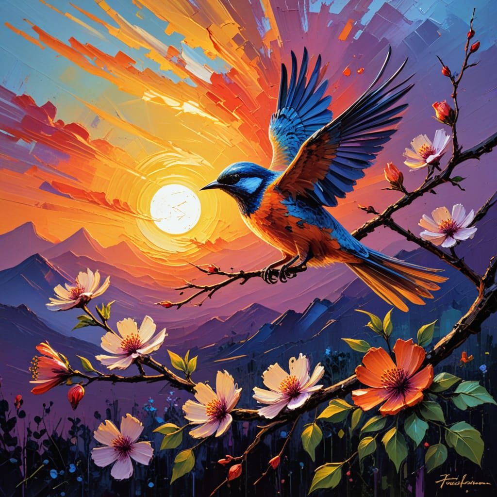 Expressive Impasto Painting of Blossom Sunset Bird in Vibran...