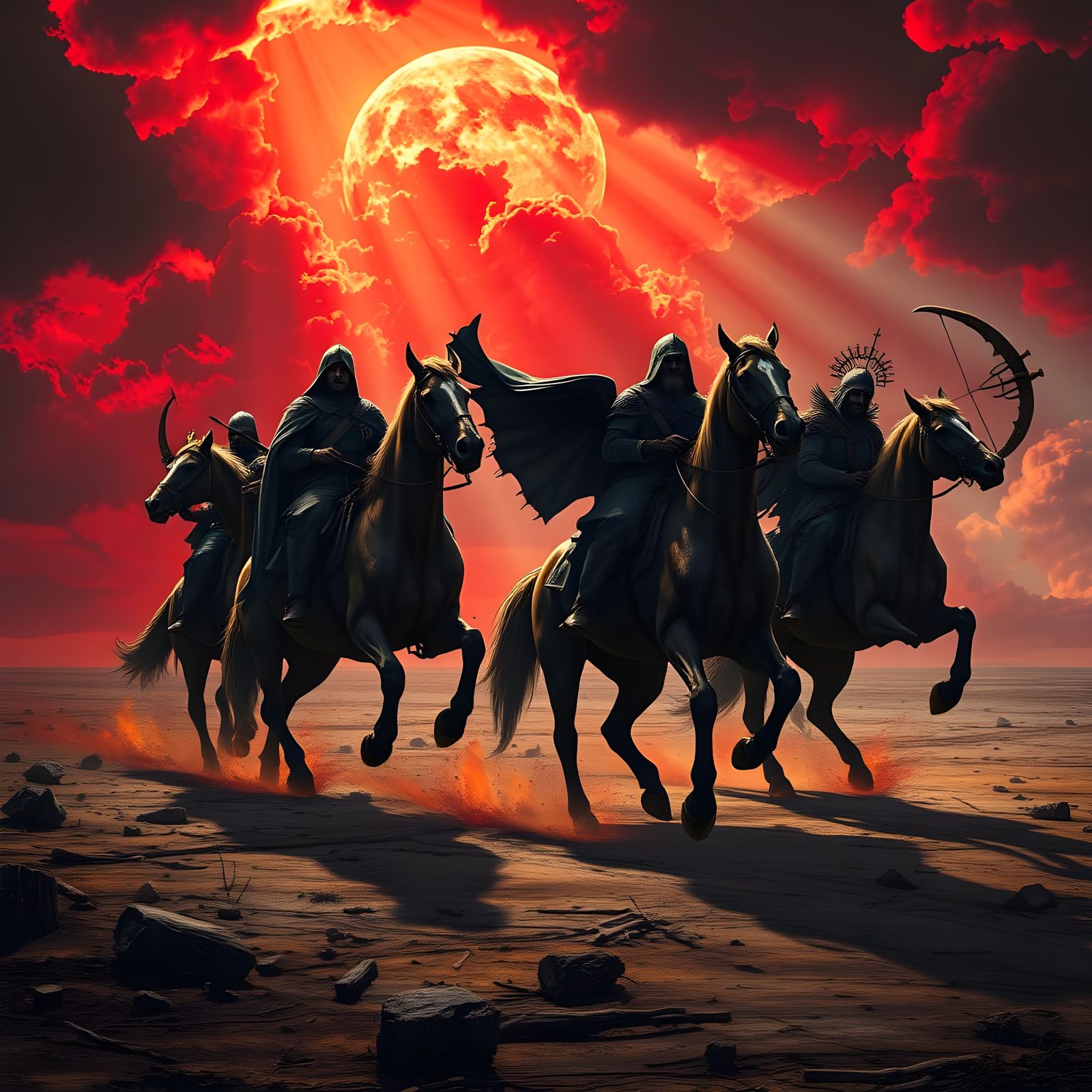 Four Horsemen of Apocalypse in Desolate Wasteland