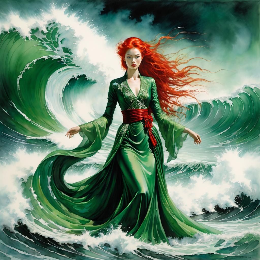 Woman on Wave Gouache Painting