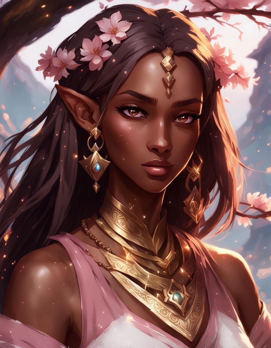 Elegant Elf Portrait with Sakura Blossoms, Fantasy Art