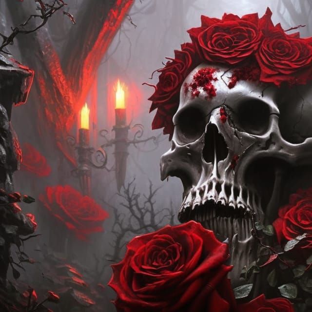 Creepy Skull and Roses Dark Fantasy Art