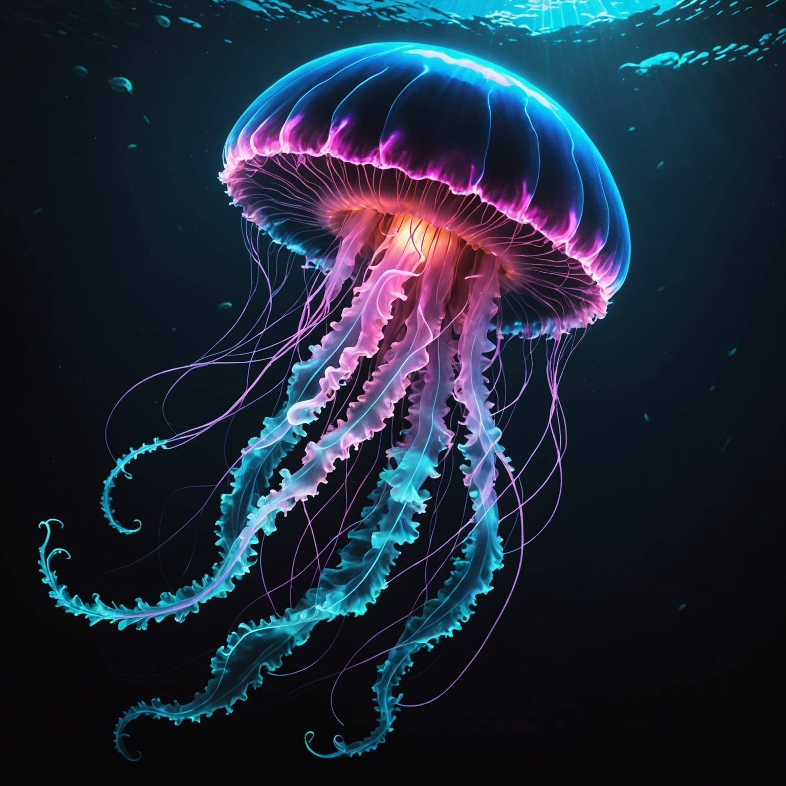 Bioluminescent Jellyfish Drifting in Abyssal Depths
