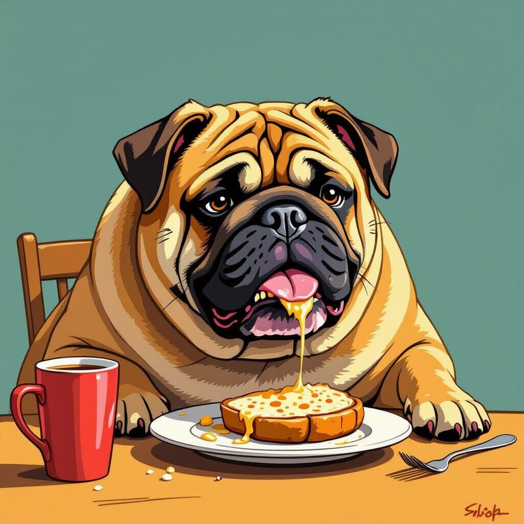 Playful, Colorful Dog Eating in Comic Art Style
