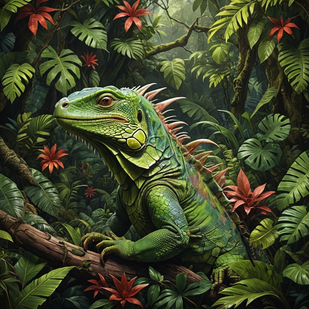 Patchwork Iguana Portrait in Rainforest: Detailed Matte Pain...