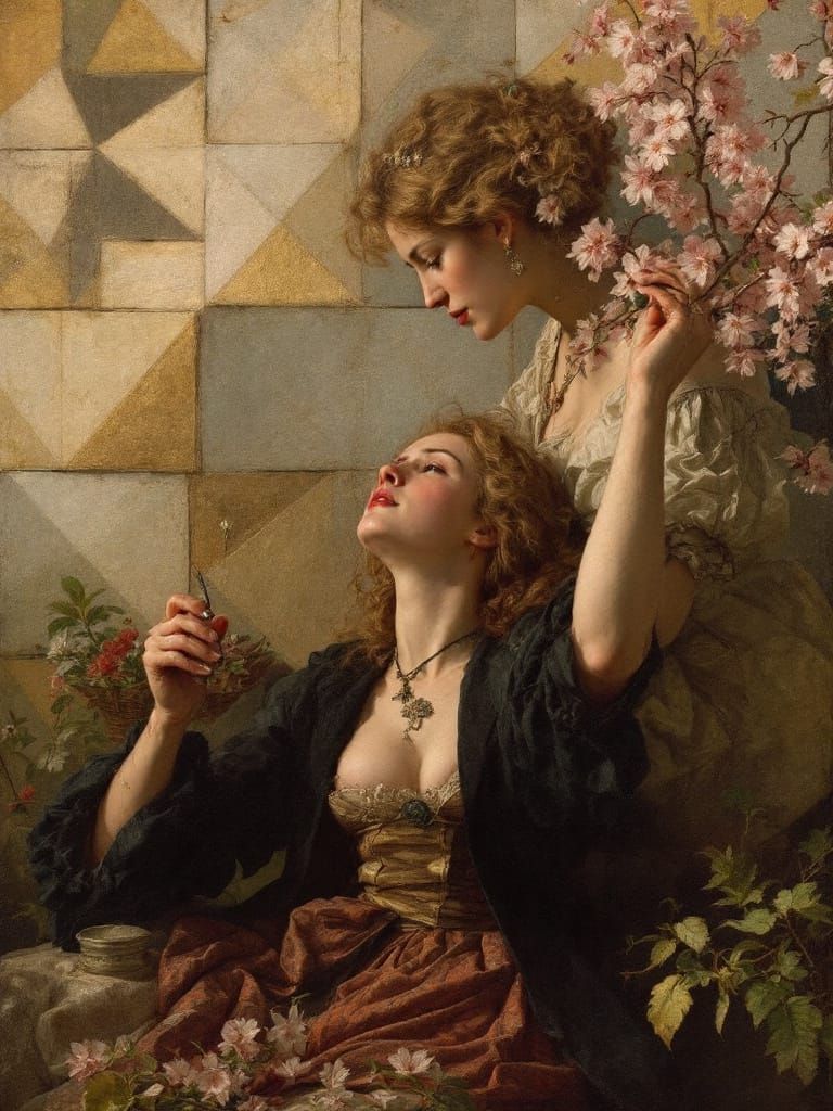 Romantic Realism Garden Scene with Abstract Figures