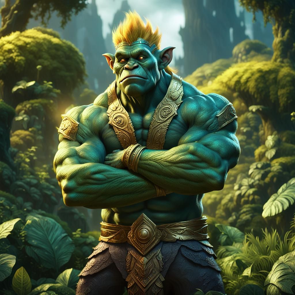 CHeeky narcisstic troll folded arms. muscles. green. foresho...