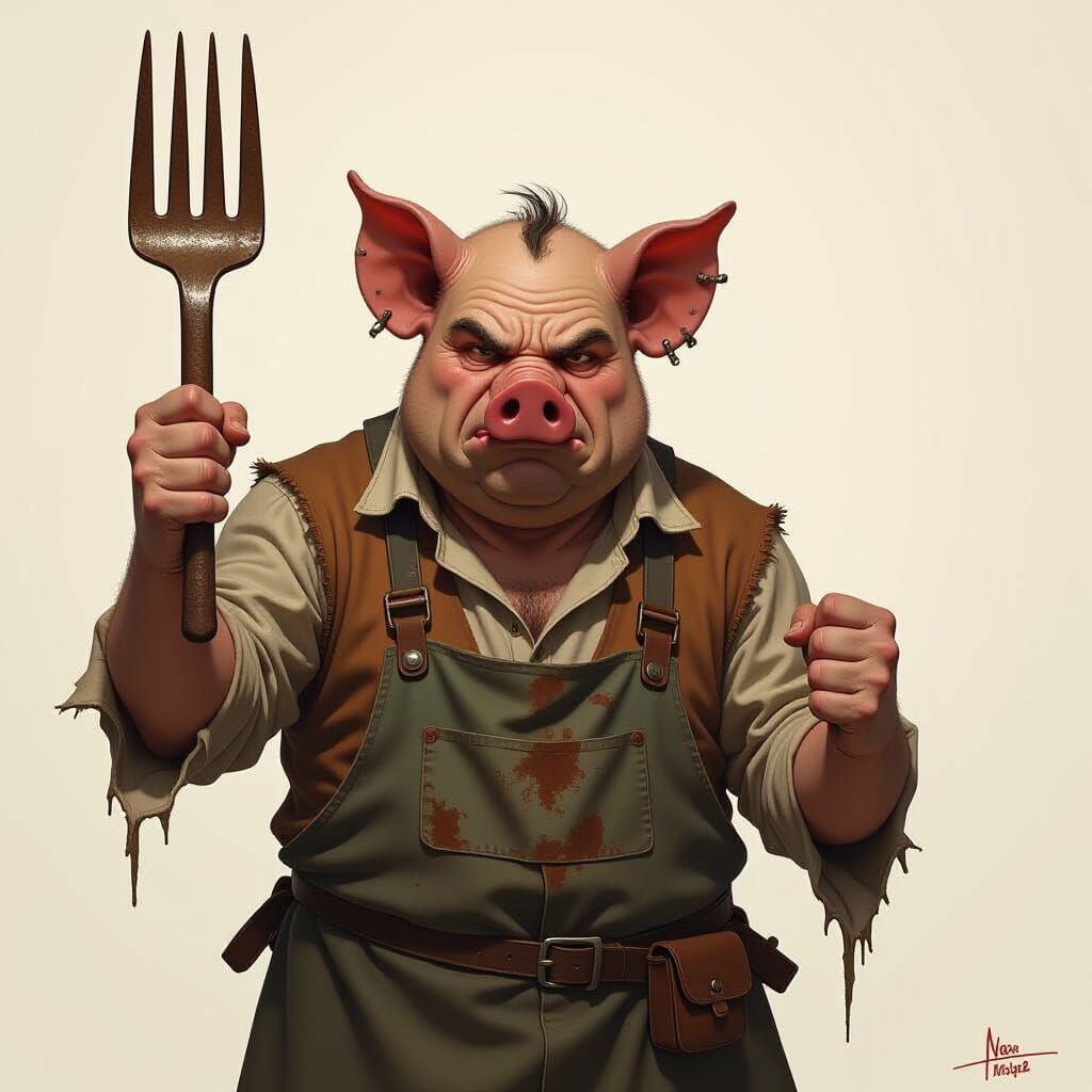 Angry Pig-Man Brandishing Fork in Fantasy Style