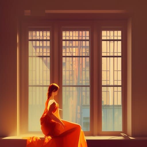 Woman in Orange at Window, Art Nouveau Style