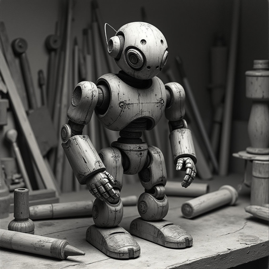 Hyperdetailed Wooden Robot Charcoal Drawing